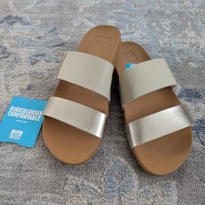 Reef Two-Strap Slide Sandals in Cream and Metallic Silver